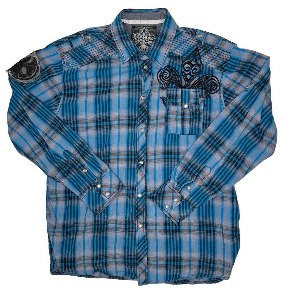 Roar Size XL Pearl Snap Zip Benson Shirt Blue Plaid Embroidered Western Cotton